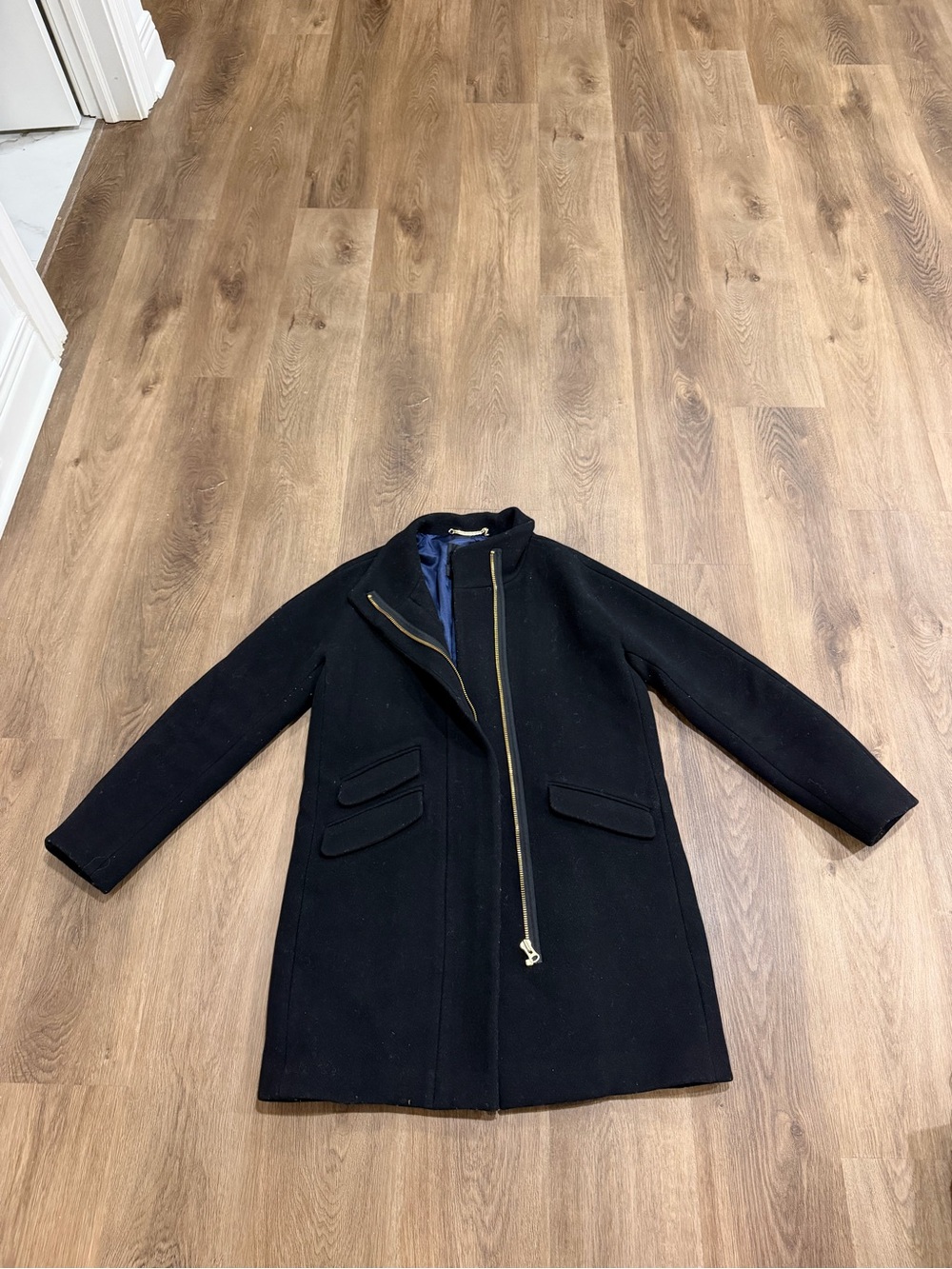 J. Crew Black Coat with Navy Lining and Gold Chain Detail